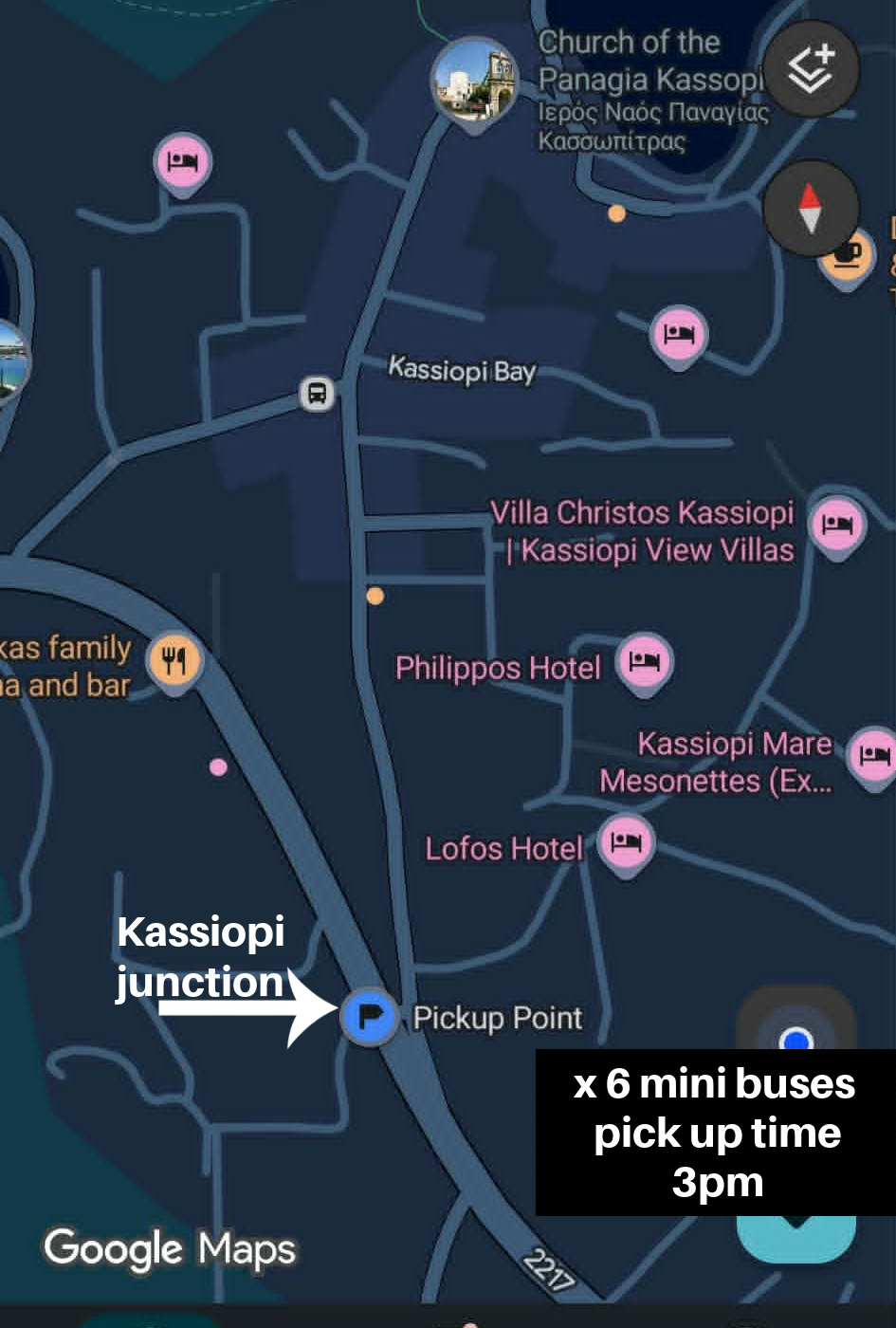 Guest pickup point for minibuses in Kassiopi