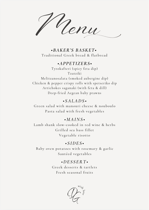 Eucalyptus Taverna wedding menu.